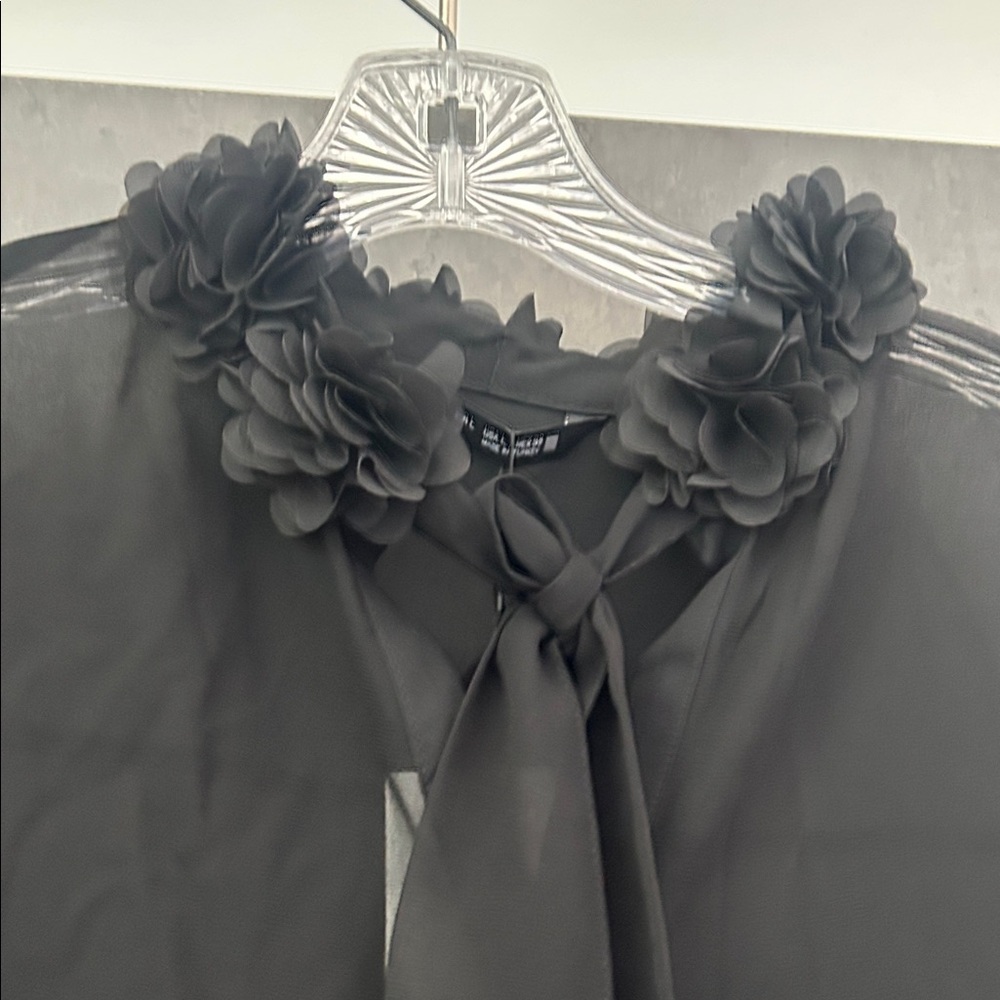 Zara Black Blouse Floral Applique Details Bow Tie Sheer NWT Sz L - Picture 4 of 8